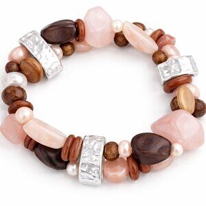 Silpada Rose Quartz Stretch Bracelet | Sterling Silver Pearl Wood Beads